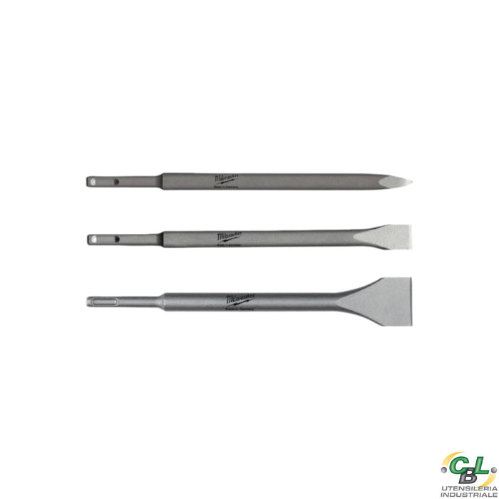 MILWAUKEE SET SCALPELLI SDS-Plus: 1 x punta, 1 x piatto, 1 x largo.