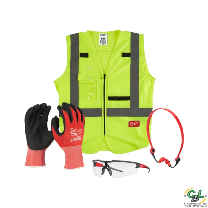 MILWAUKEE SAFETY KIT 2.0 COMPOSTO DA OCCHIALE DI SICUREZZA + GILET ALTA VISIBILITÀ GIALLO + GUANTI ANTI-TAGLIO + INSERTI AURICOLARI CON ARCHETTO