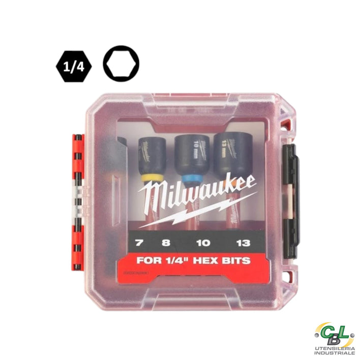 MILWAUKEE SET 4 BUSSOLE ESAGONALI MAGNETICHE CON ATTACCO DA 1/4"