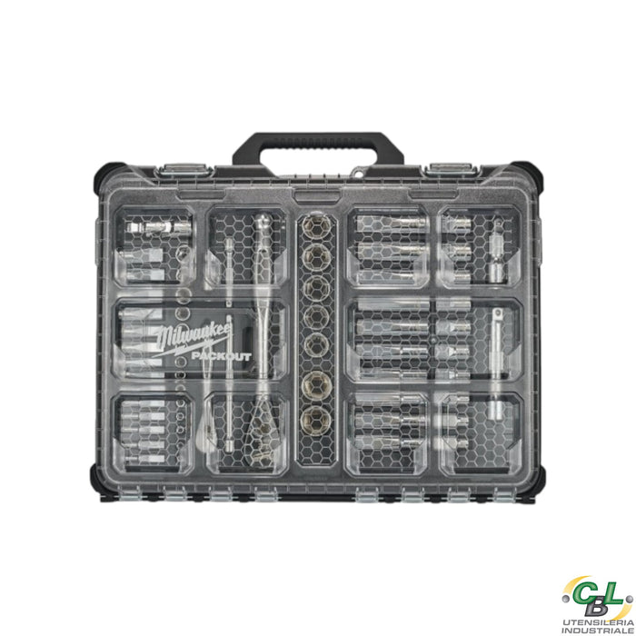 MILWAUKEE SET METRICO DI CRICCHETTO E BUSSOLE DA 1/4" & 1/2" IN PACKOUT ORGANISER SLIM - 63 PEZZI