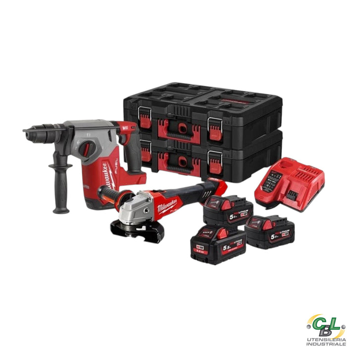 MILWAUKEE KIT TASSELLATORE + SMERIGLIATRICE 125 MM + 1 BATTERIA M18 HIGH OUTPUT 5,5 AH + 2 BATTERIE M18 5AH