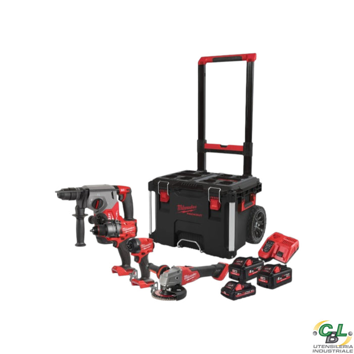 MILWAUKEE KIT TRAPANO PERCUSSIONE + TASSELLATORE + SMERIGLIATRICE + AVVITATORE A IMPULSI