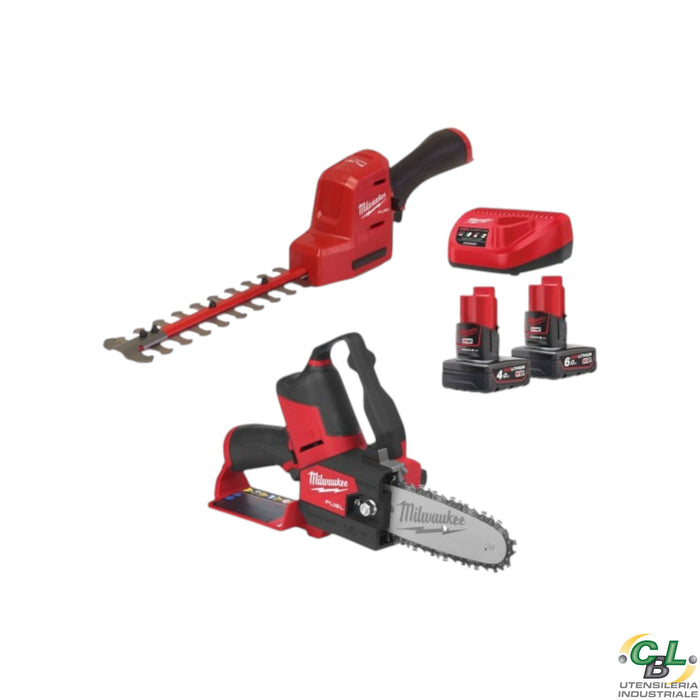MILWAUKEE KIT EKETTROSEGA + TAGLIASIEPI + 2 BATTERIE E CARICABATTERIE