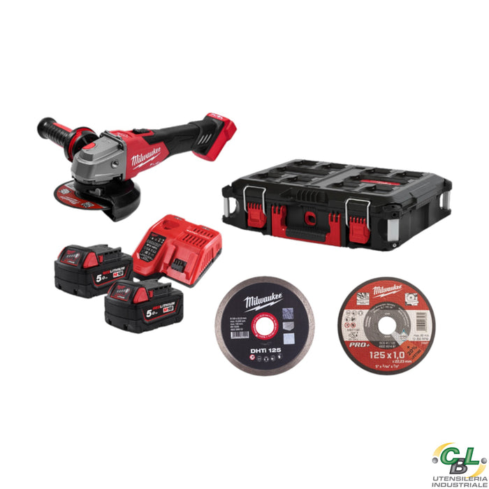 MILWAUKEE SMERIGLIATRICE ANGOLARE M18 FUEL FSAG125 125 mm CON 2 BATTERIE, VALIGETTA E 95 ACCESSORI